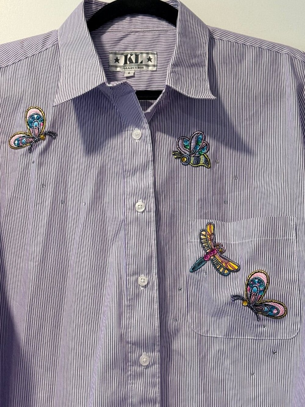 Vintage KL Collection Long-Sleeve Lavender & White Stripe Blouse w/ Butterflies